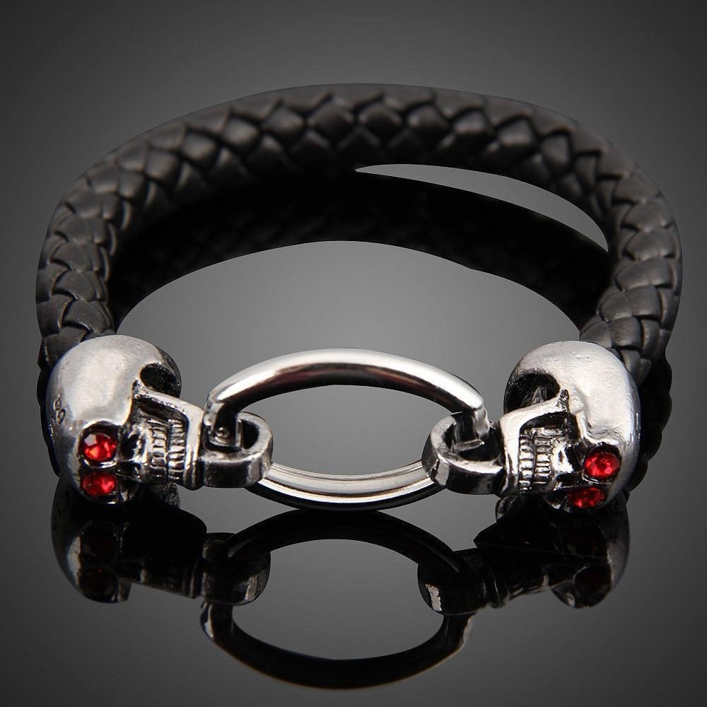GOTHIC RED EYED SKULL Rhinestone & Leather Bracelet